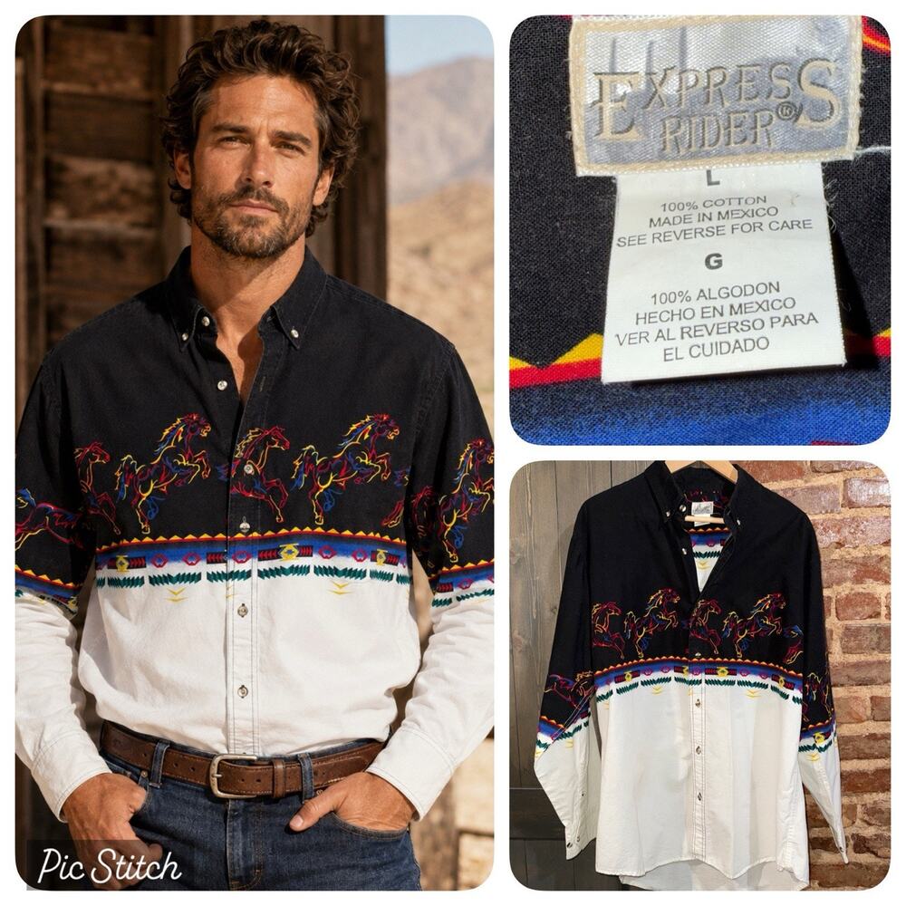 EXPRESS RIDER Western HORSE EQUESTRIAN Cowboy L Button Down Shirt Aztec Midwest